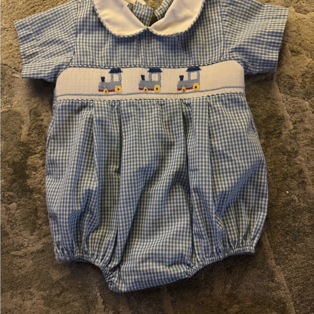 Edgehill Collection Blue Gingham Smocked Baby Romper with Train Embroidery